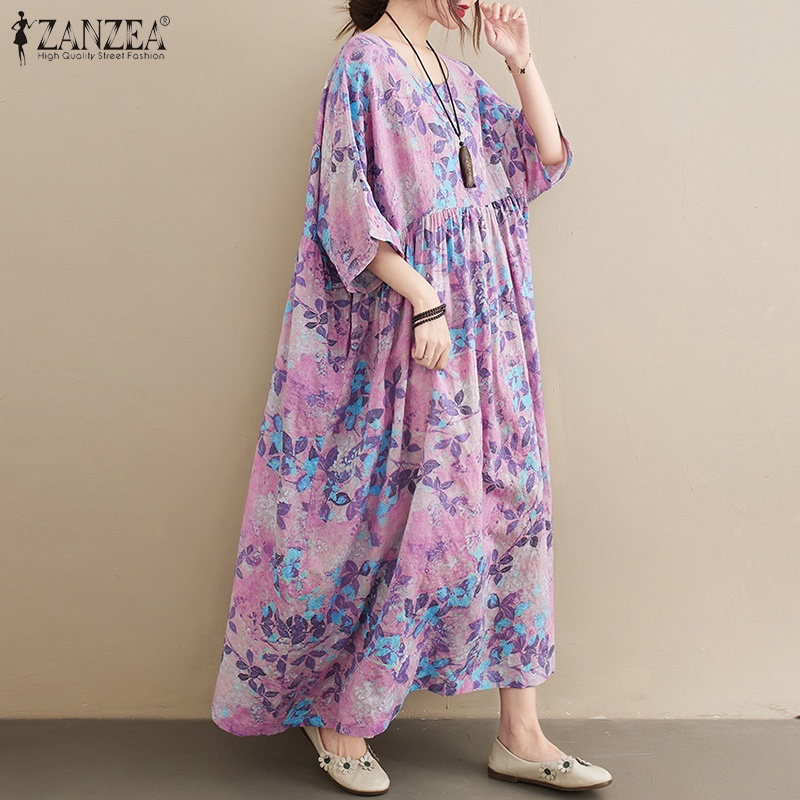 ZANZEA Women Fashion Casual Floral Printed Short Sleeve Holiday Loose Long Dress