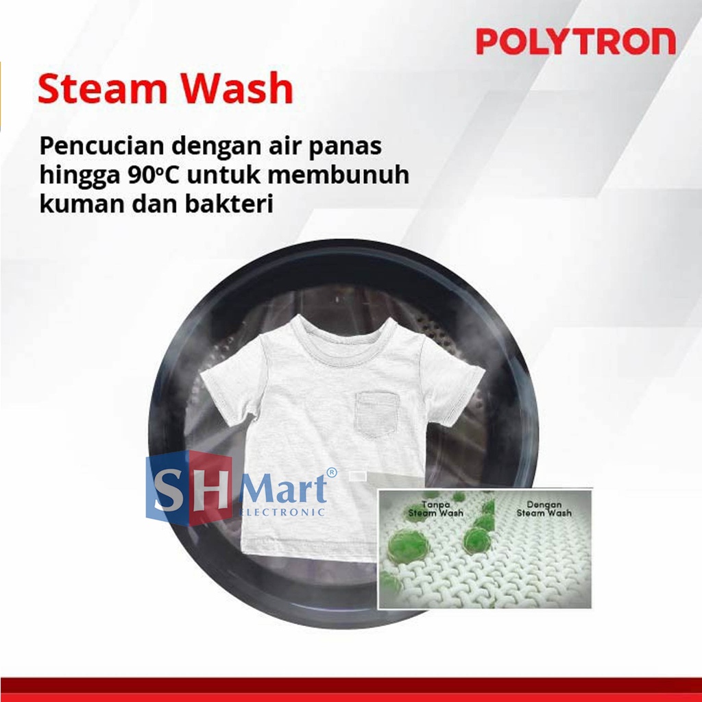 MESIN CUCI POLYTRON FRONT LOADING 8 KG PFL-8051 WITH STEAM WASH GARANSI RESMI