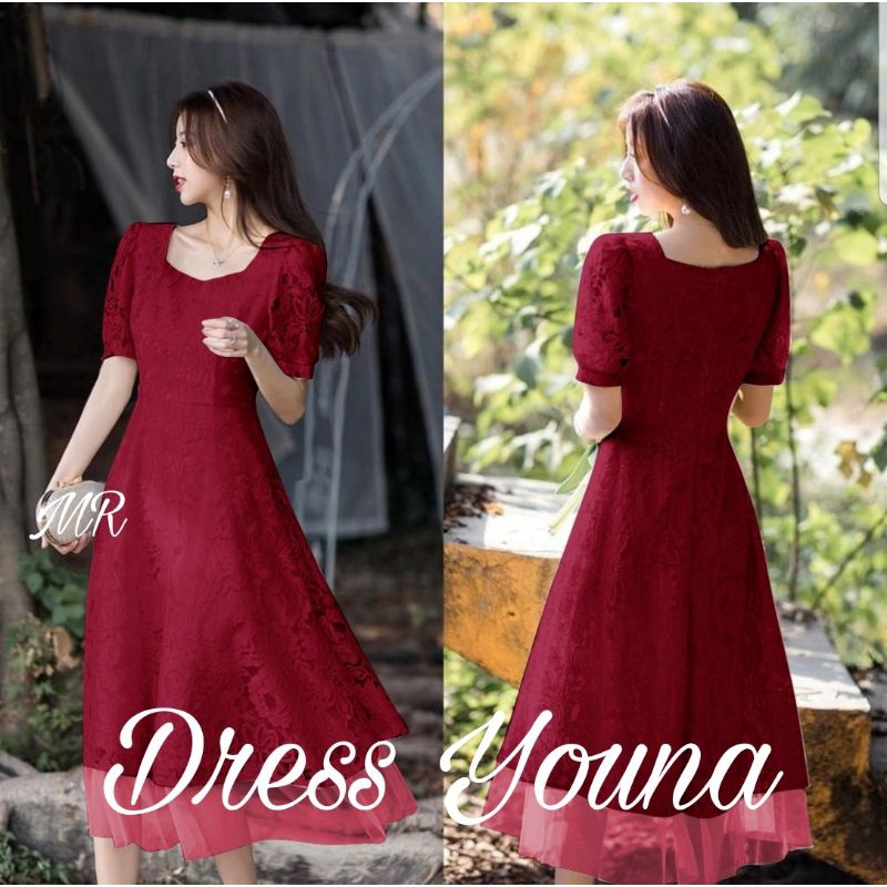 DRESS BRUKAT YOUNA LD94 Baju Midi mididress brokat Lace merah maroon hitam lilac hijau pesta simple 