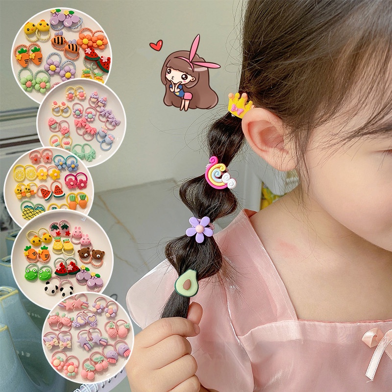 We Flower 10pcs / Set Ikat Rambut Tali Karet Aksen Bunga / Wortel / Cherry Untuk Aksesoris Anak Perempuan