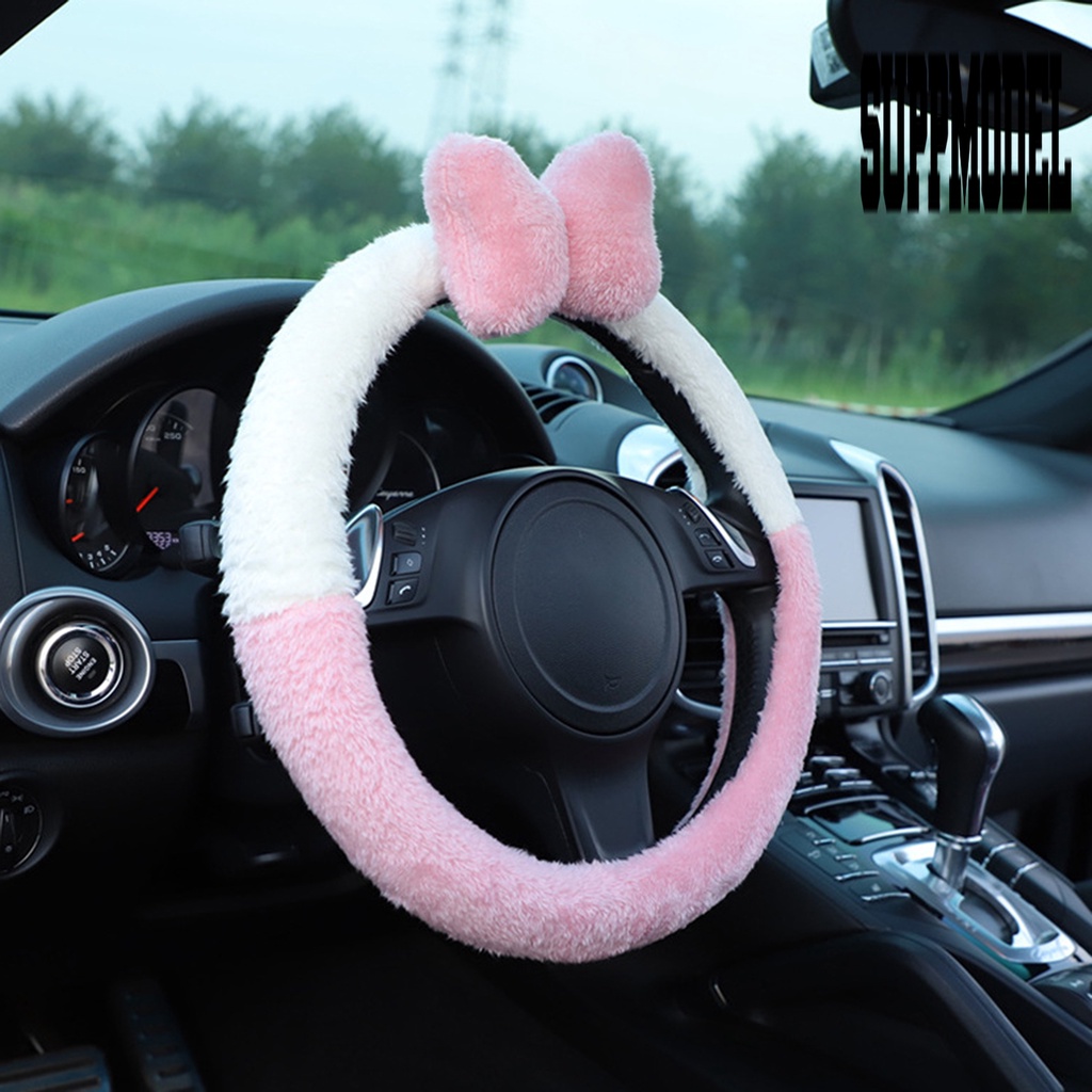 Cover Setir Mobil Universal Bahan Plush Super Lembut Hangat Aksen Pita