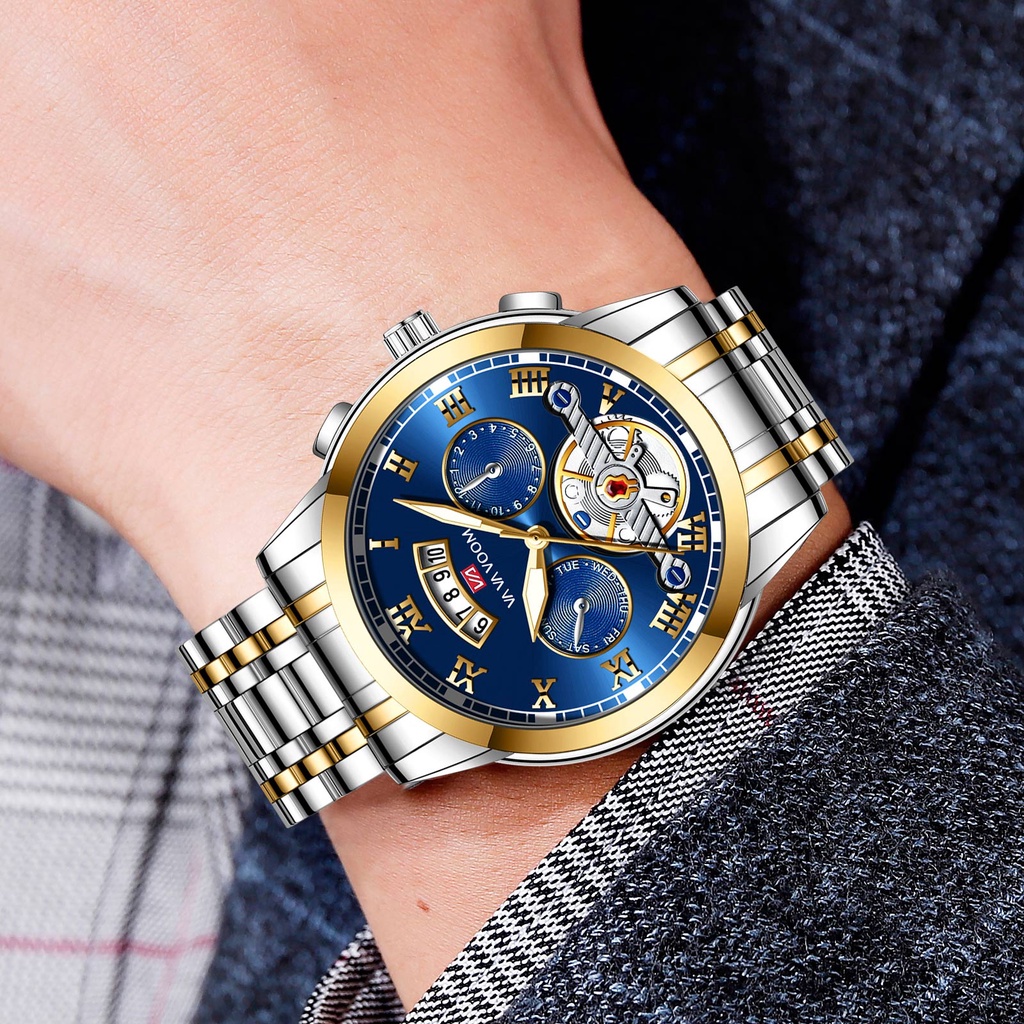 VaVa Voom 2453 Jam Tangan Pria Luxury Stainless Steel Tanggal Quartz Original Tahan Air Watch + Kotak Gratis