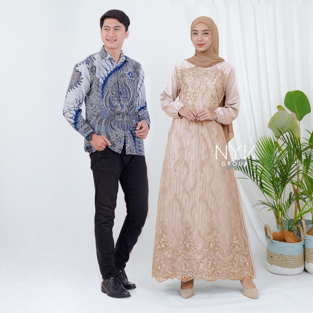 SPESIAL GAMIS COUPLE LEBARAN 2022 - BATIK COUPLE DRESS ALANA LENGAN PANJANG - BATIK COUPLE BRUKAT TULLE MODERN