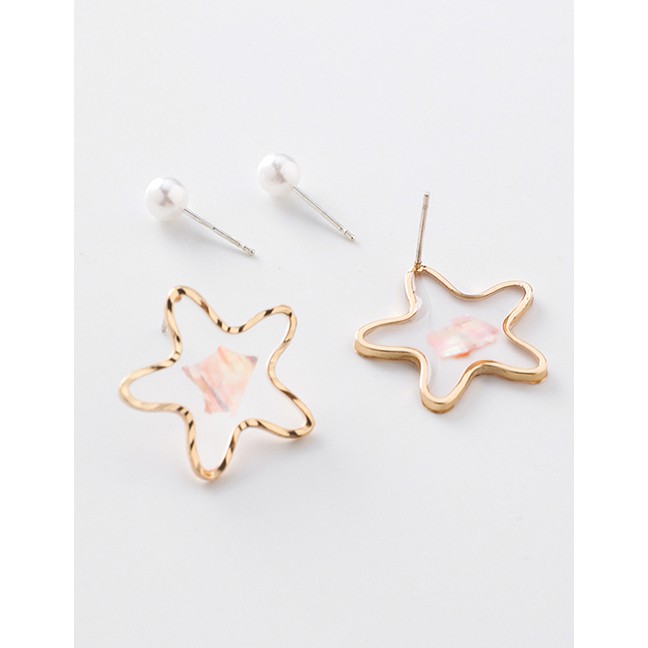 LRC Anting Tusuk Fashion S925 Silver Needle Star Shell Sequin Pearl Earrings Four-piece F68145