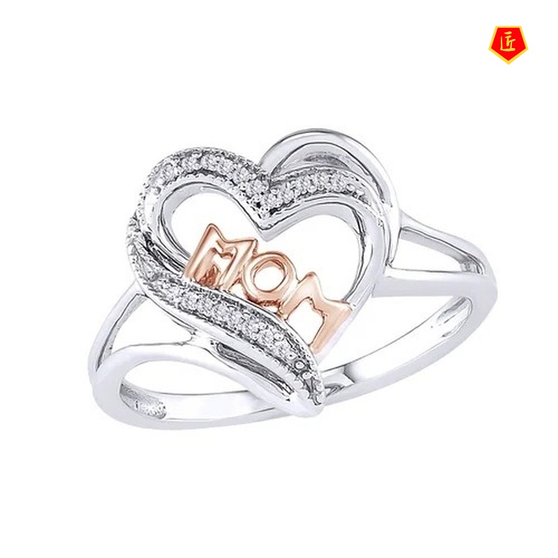 [Ready Stock]Love Mom Heart-Shaped Diamond Ring Minimalist Creative Two-Tone