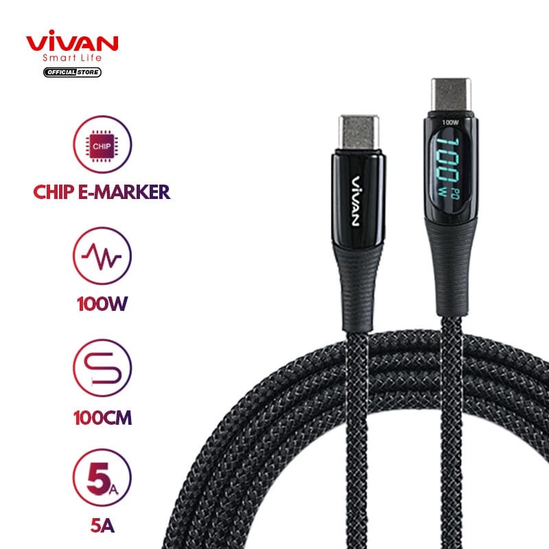 A_   Vivan Display Cable USB C To Type C 100W 5A VCC100 1M Smart Digital LED VCC