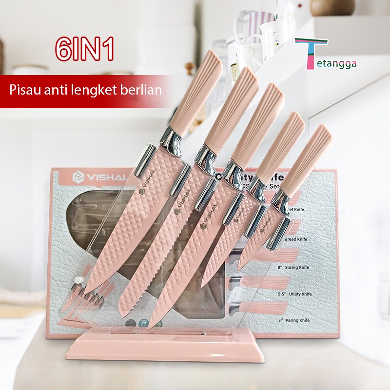 6 Pcs Pisau Set  Paling Tajam Cookware Kitchen Knife Set Diamond Non-Stick Coating - Original