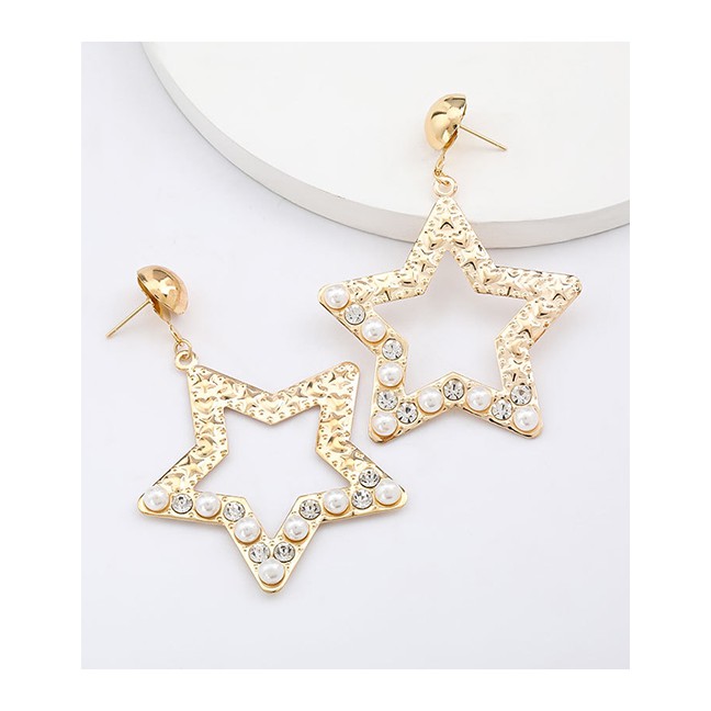 LRC Anting Tusuk Fashion Golden Pentagram Alloy Acrylic Diamond Earrings K10050