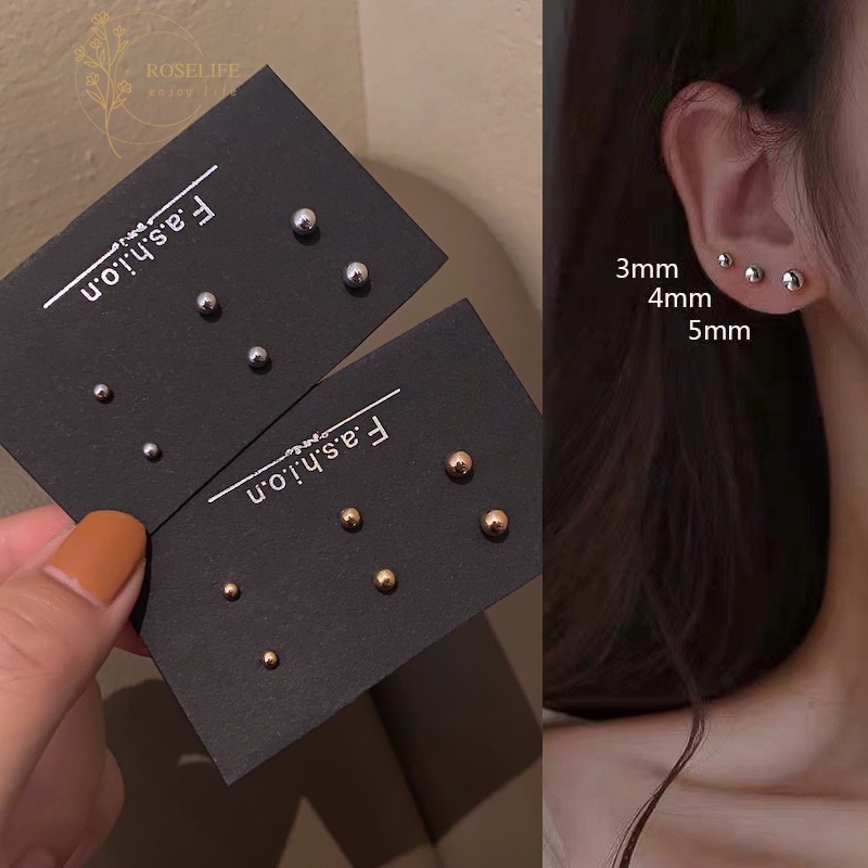 Roselife Anti-allergy S925 Silver 6PCs/Set Simple Mini Ball Beaded Stud Earrings for Women Girls Chic Fashion Ear Jewelry