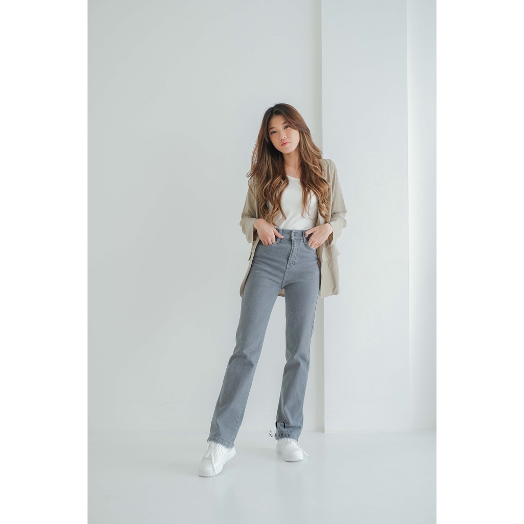 Gaia Pants Straight fit Grey - Celana Jeans Highwaist Wanita Loose Basic Jeans strech