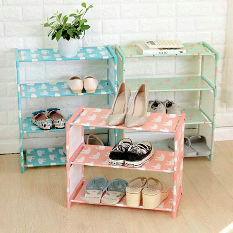 Mix Rak Sepatu 4 Susun DIY Motif Beruang - LYJ - Blue