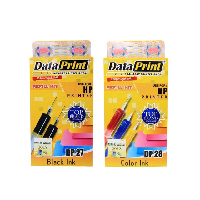 Paket tinta refill Cartridge HP DataPrint tipe DP 27 hitam dan DP 28 color DATA PRINT LENGKAP JARUM SUNTIK