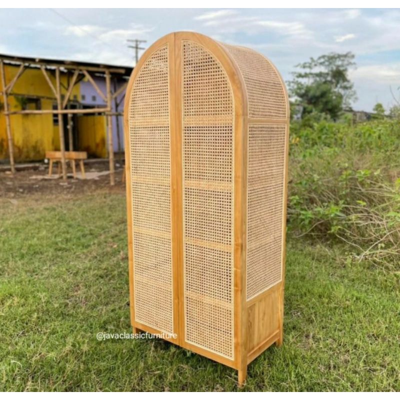 Lemari baju rotan jati minimalis almari pakaian kayu vintage retro gantung 2 pintu-2
