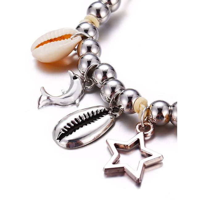 LRC Gelang Kaki Fashion Silver Silver Bead Shell Hollow Five-pointed Star Anklet F76908