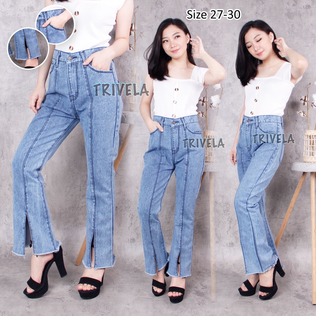 TRIVELA (FREE BELT) - Celana Jeans Wanita / Celana Jeans Wanita Cutbray Belah / Celana Jeans Boyfriend Elina Jumbo