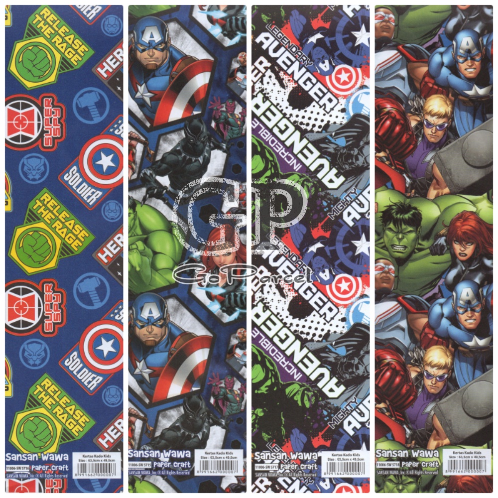 ( 5 Lembar ) AVENGERS SANWA - KERTAS KADO HEROES - GIFT WRAP PAPER SANSAN WAWA AVENGER SUPERHEROES / IRONMAN / CAPTAIN AMERICA / HULK / SUPERHERO / THOR / BLACK WIDOW / BLACK PANTHER