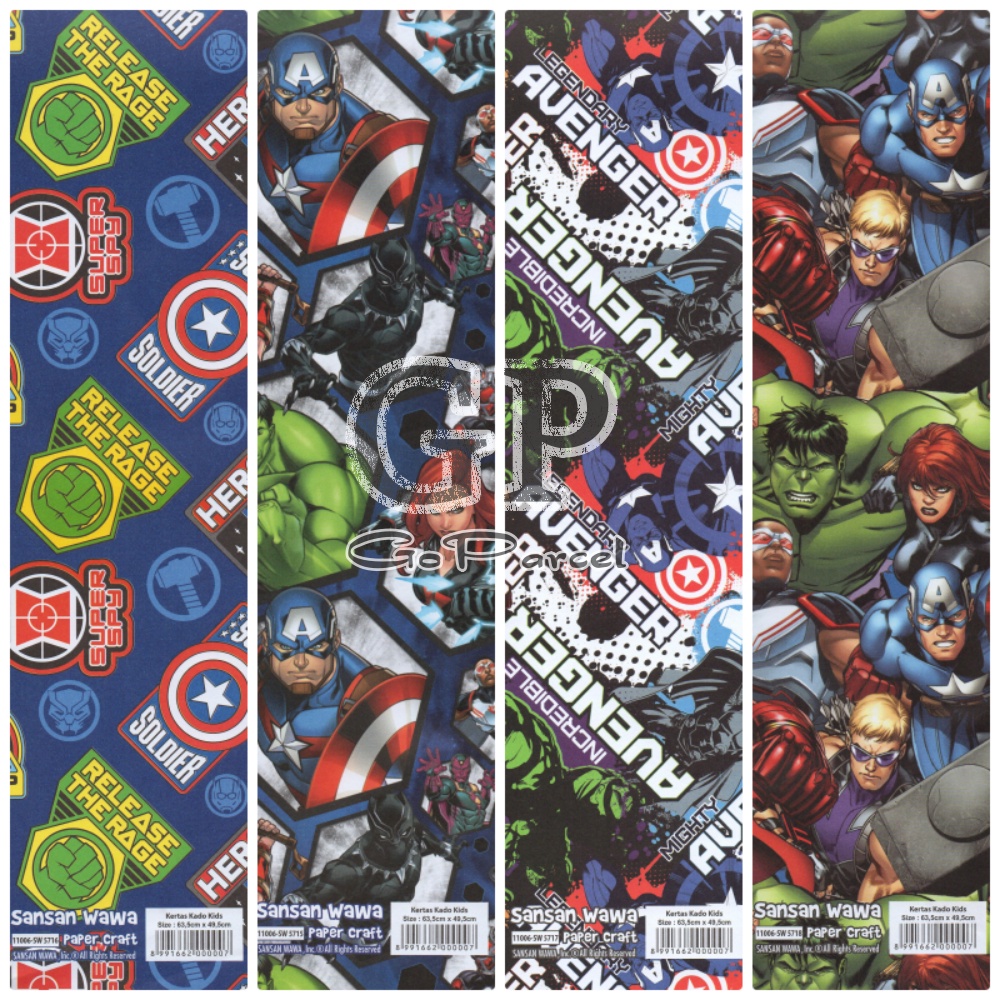 ( 5 Lembar ) AVENGERS SANWA - KERTAS KADO HEROES - GIFT WRAP PAPER SANSAN WAWA AVENGER SUPERHEROES / IRONMAN / CAPTAIN AMERICA / HULK / SUPERHERO / THOR / BLACK WIDOW / BLACK PANTHER