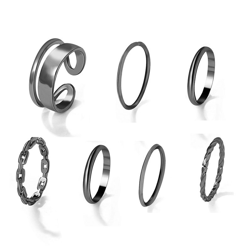 COD🩸7pcs/set Cincin Korea Hitam Gaya Punk Aesthetic Anti Karat Dan Anti Alergi Cincin Titanium Pria Keren Untuk Wanita Ring Jewelry  Perhiasan Aksesoris