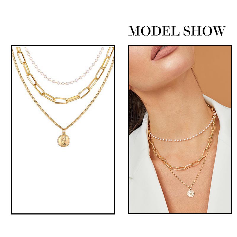 YEEZII Korea Kalung Emas Choker Multilayer Liontin Lock Bulan Sabit Warna Gold Untuk Wanita Aksesoris