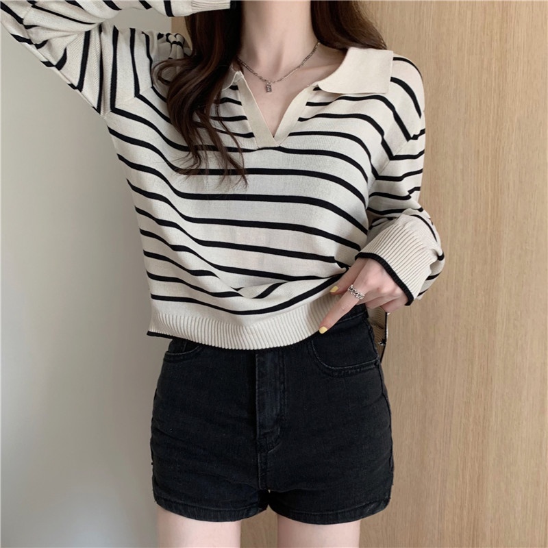 Sweater Polo Wanita Kaos Rajut Korean Retro Style Knit Striped T-shirt