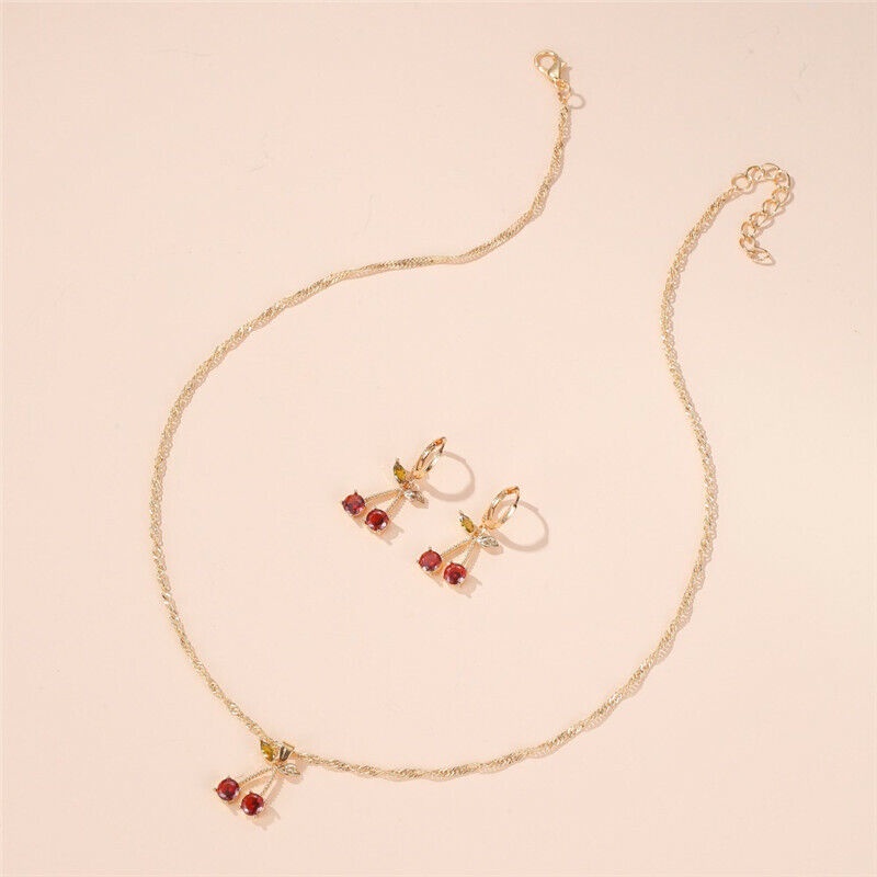 Set Kalung Anting Wanita Model Buah Cherry Merah Fashion Aksesoris Dalika