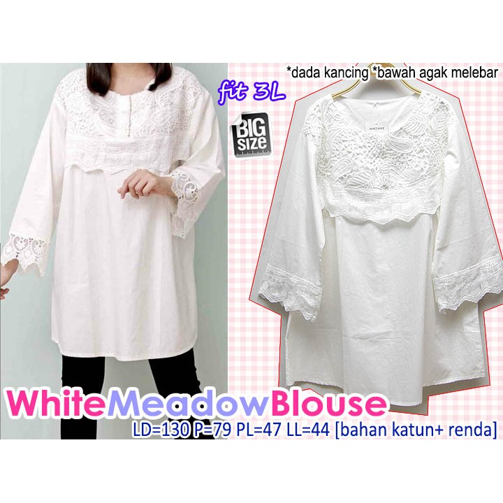 White Meadow Blouse ATASAN WANITA PUTIH KATUN RENDA CASUAL MUSLIM SUPER BIG SIZE JUMBO XXXL 3L