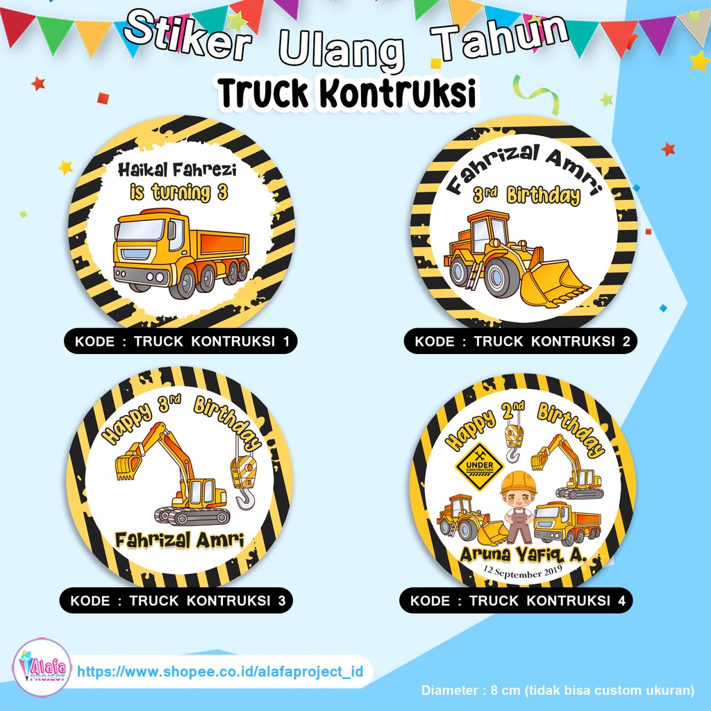 

Alafaproject Stiker Ultah Truck Konstruksi / Stiker Label Ulang Tahun / Stiker Bulat Birthday / Label Ultah Custom / Stiker Tumpeng Mini / Stiker Tedak Siten