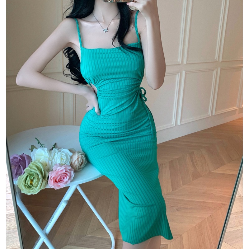 Suhao Sling Dress Rok Cutout Feminin Paket Skinny Hijau Hip Midi Rok