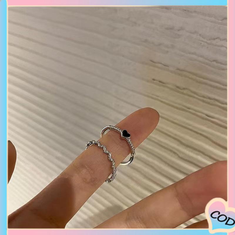 COD❤️ 2 pcs Cincin Zirkon Hitam Wanita High-end Fashion Kepribadian Jari Telunjuk Cincin-A.one