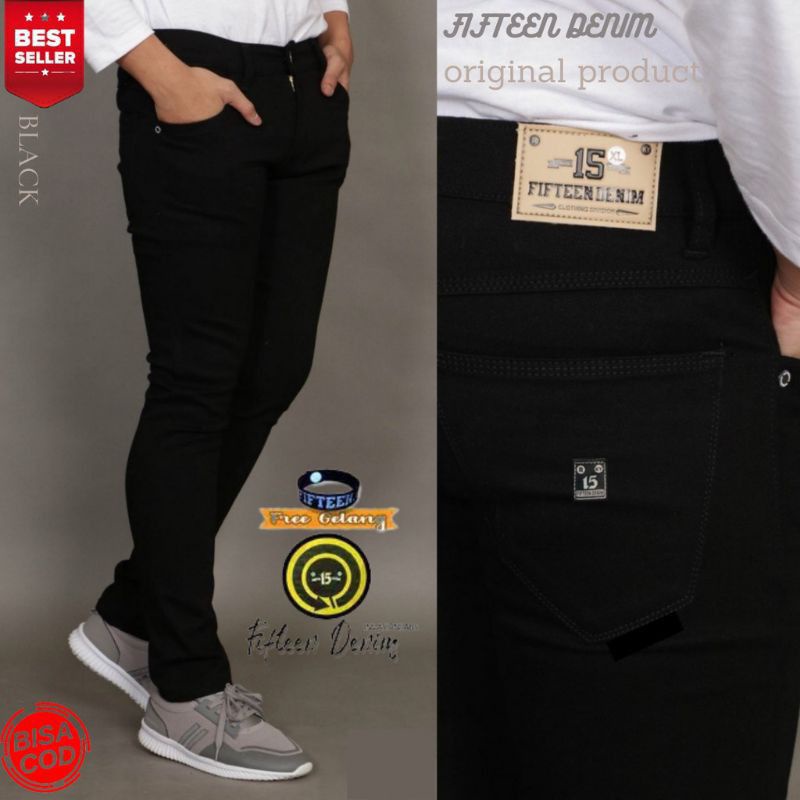 Celana Jeans Panjang Pria Skiny Semi Slimfit Original Fifteen Denim / Celana levis pria hitam