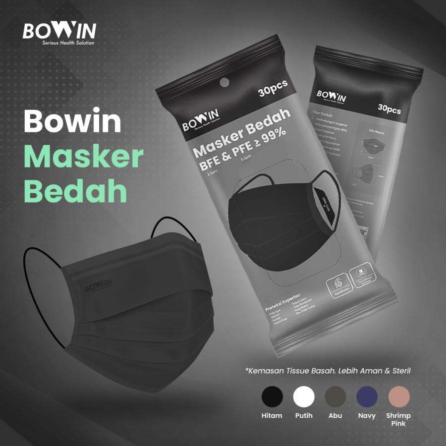 Bowin Masker BFE PFE Bedah 99% (Masker Medis / Surgical / Disposable) isi 30Pcs