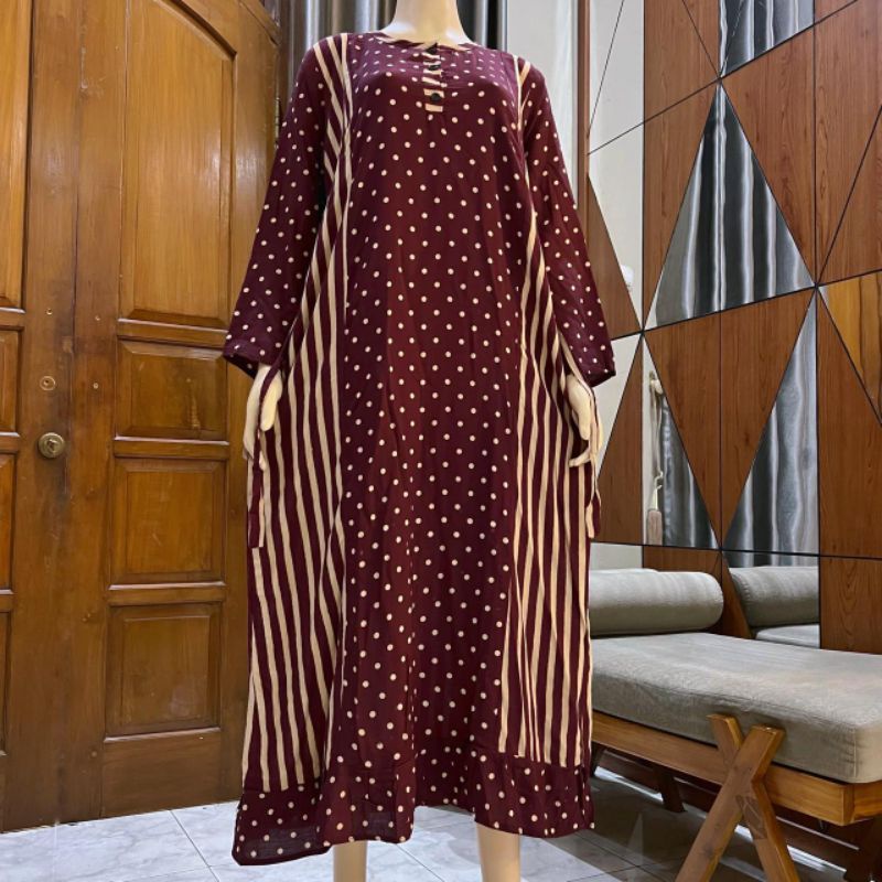 Gamis Murah Longdress Muslim Model Rompi Stripe Busui Kombinasi Polkado Print Lengan Panjang