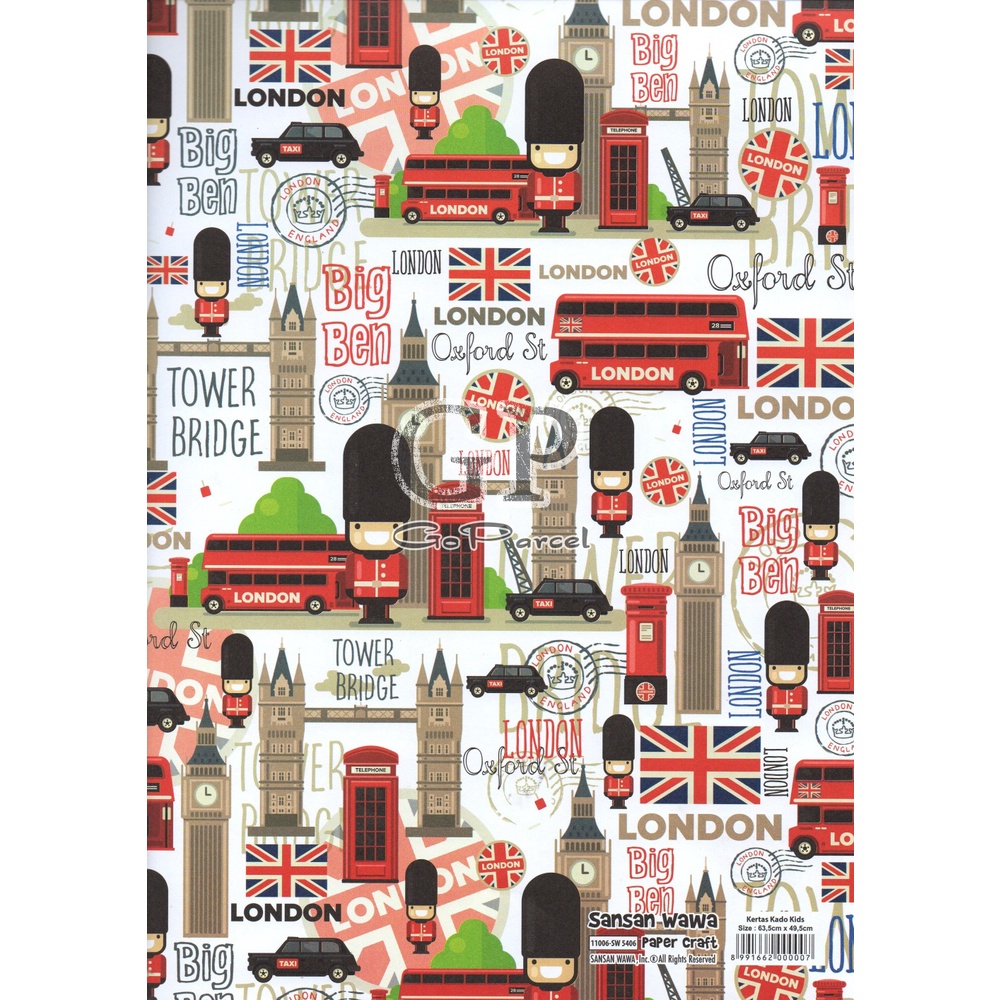 ( 5 Lembar ) LONDON SANWA - KERTAS KADO - GIFT WRAP PAPER SANSAN WAWA BIG BEN / EUROPE / UK / WHITE / GREEN / BLUE / PUTIH / BIRU / HIJAU