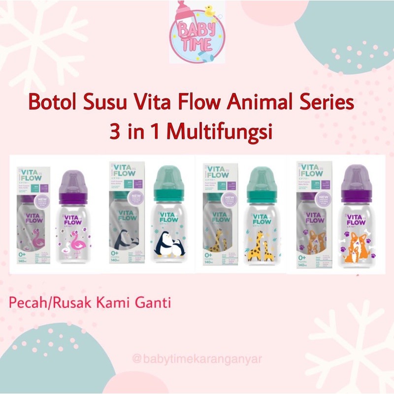 Botol Susu Dot Bayi VitaFlow Multifungsi 3in1 PP 140ml dgn Dot Size S - Animal Series - Sky Series