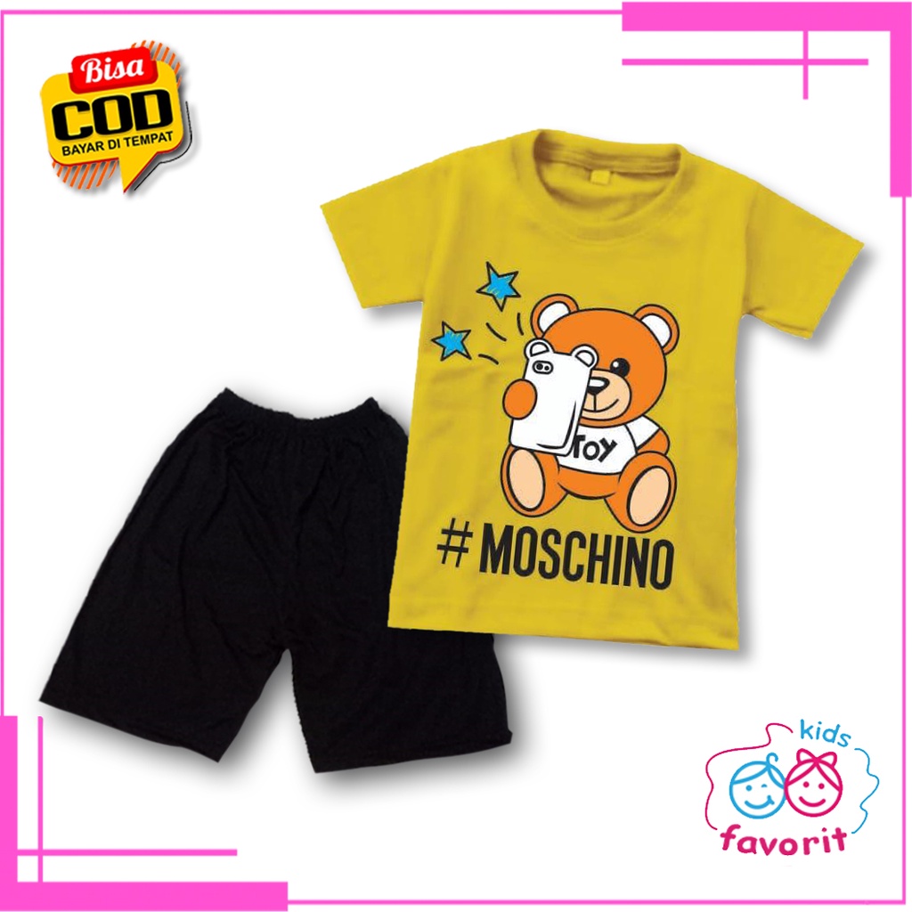 Favorit kids baju setelan lengan pendek untuk anak perempuan motif moschin0 kuning