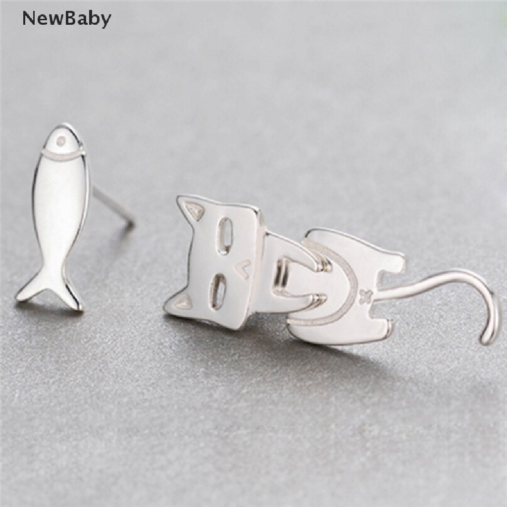 Anting Tusuk Asimetris Bentuk Kucing / Ikan Lapis Silver Untuk Wanita