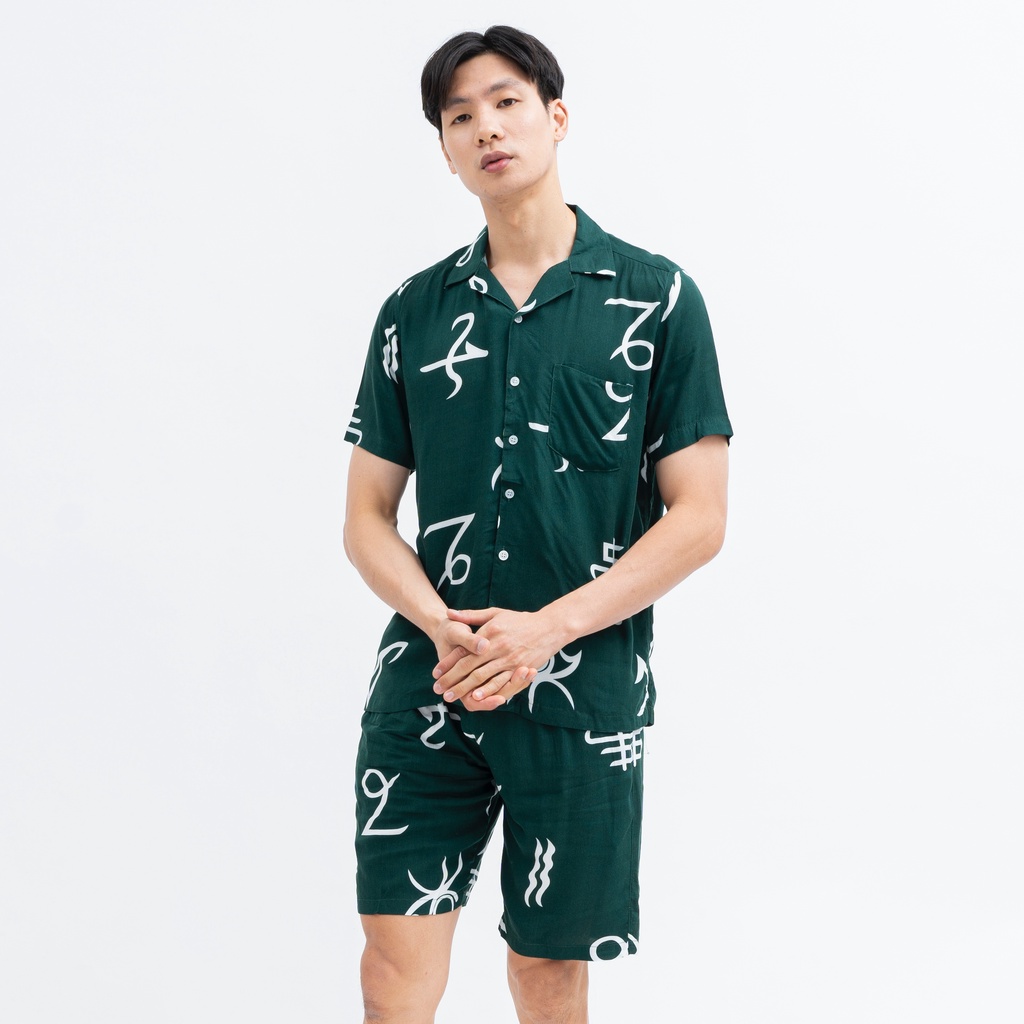 SANVANINA Set Kemeja Hawaiian Printing | Kemeja Oneset | Pajamas Pria | Oneset Rayon | Hawaian Set Luke EB-01