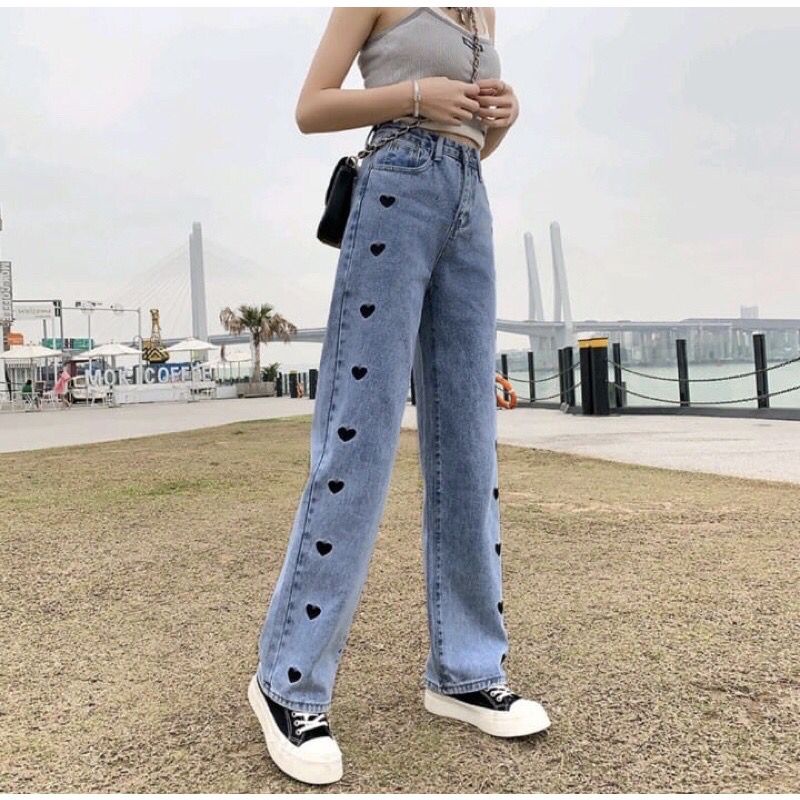 1KG MUAT 2PCS | KULOT JEANS LOVE CELANA PANJANG HIGHTWAIST JEANS KOREA FASHION TERBEST SELLER