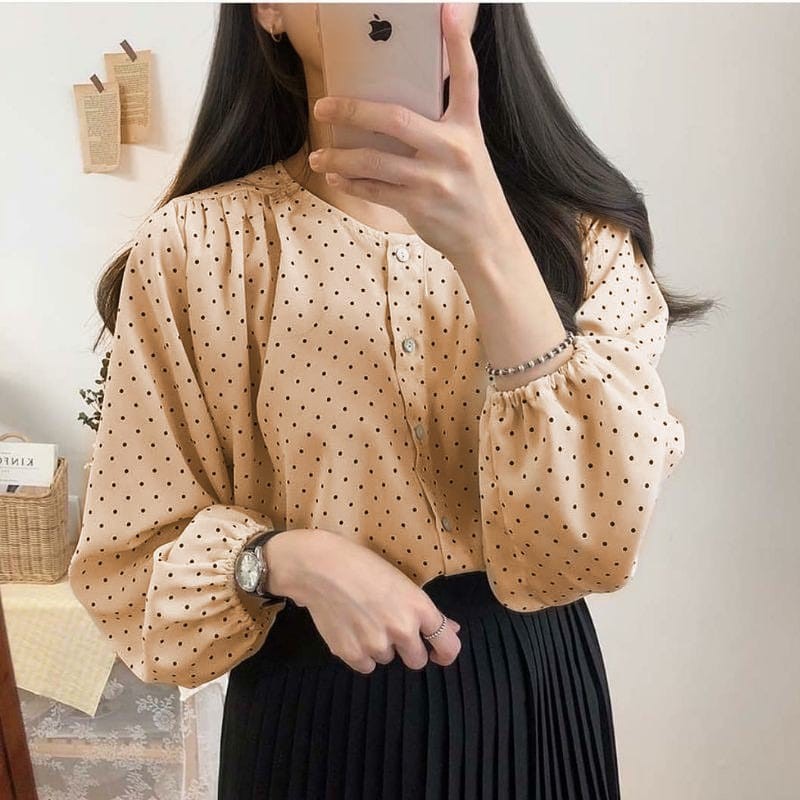 KAYOUNG BLOUSE | MISAN BLOUSE POLKA TOP ATASAN WANITA KOREAN STYLE-CREAM