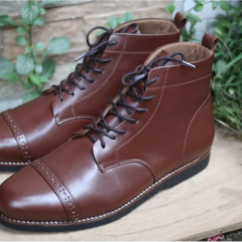 Sepatu Boots pria kulit asli sepatu kulit Crazy horse Boston model vintage