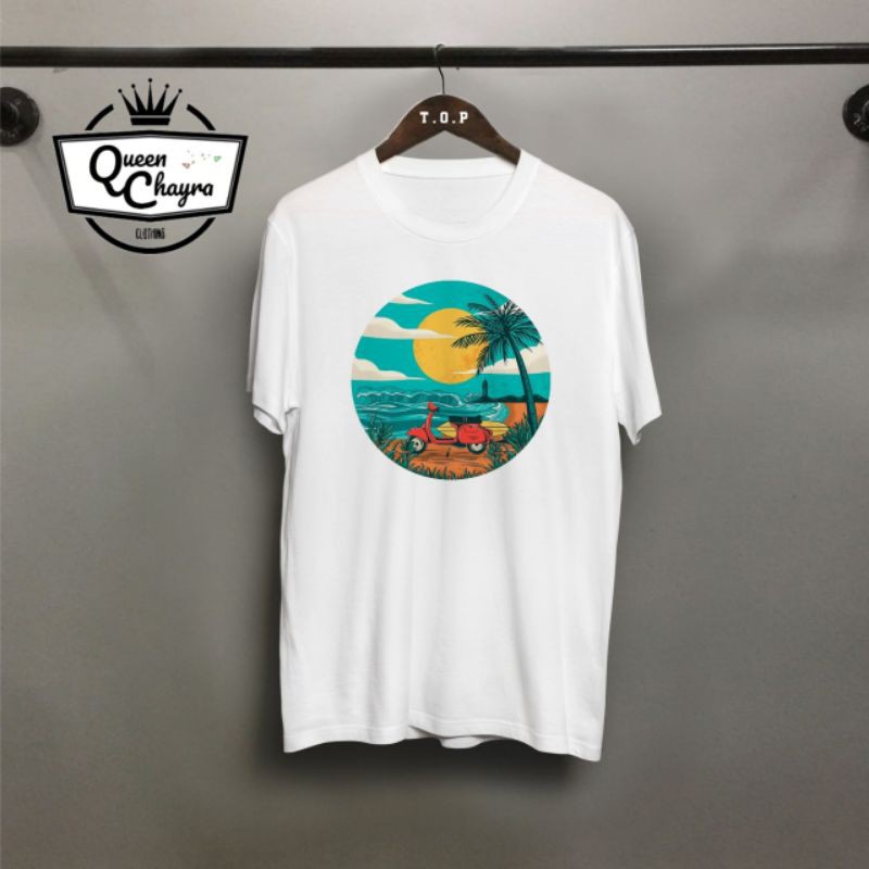 QUEEN CHAYRA Kaos Distro Vespa Pantai / Kaos Distro Unisex Pria Wanita / Kaos Pria #COD