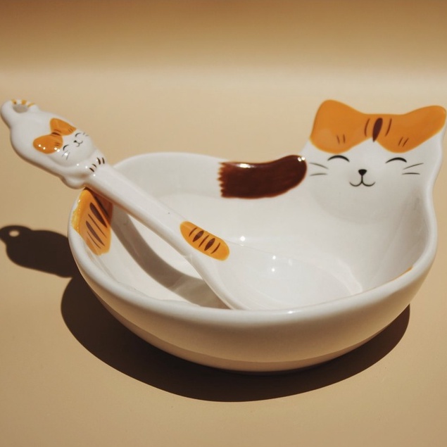 Mangkok Set Keramik Bentuk Kucing Oren Lucu Kawai IMPORT JEPANG