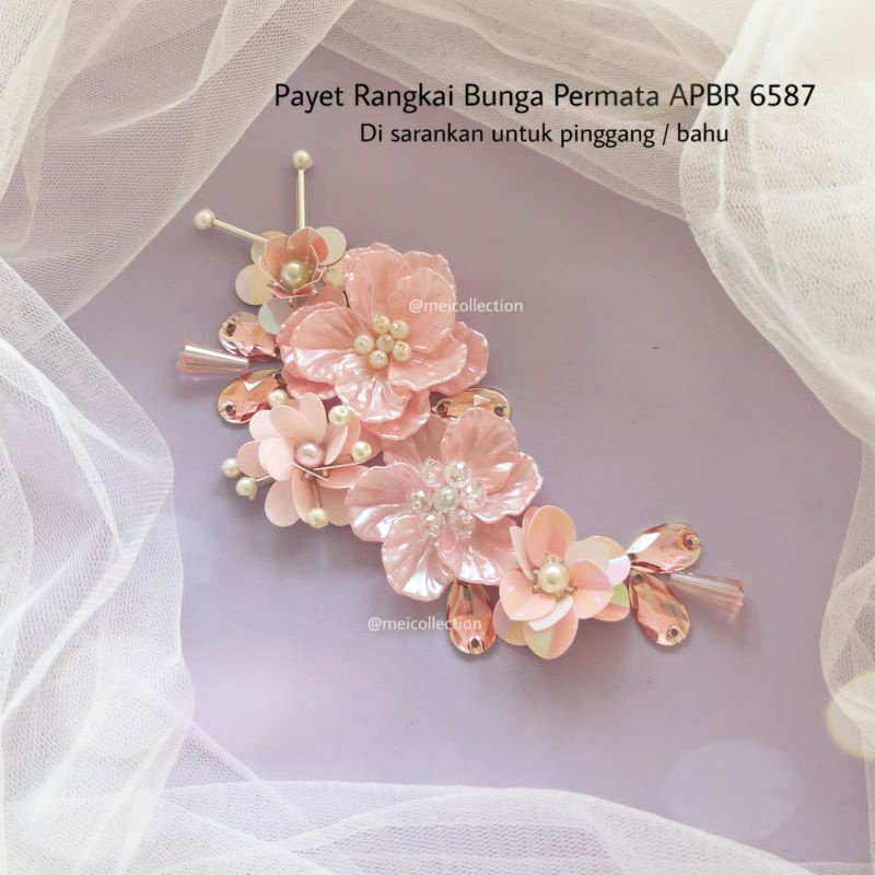 Payet rangkai mutiara leher bung 3D permata diamond APBR light pink dress pesta aplikasi Payet rangk
