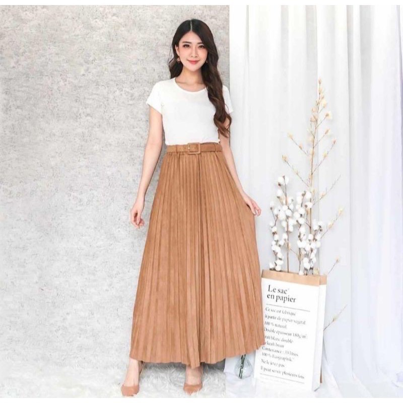 FW R450 Rok Plisket Suede Panjang Belt Import | Rok Plisket Suede Panjang Import | Suede Pleated Maxi