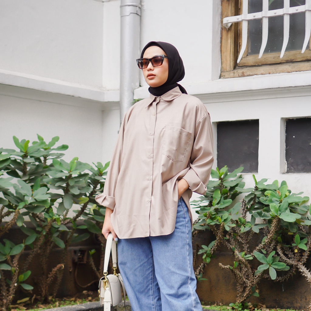 Kemeja Wanita Atasan Oversize Lengan Panjang Kekinian Crop Baju Kerja Polos Basic Toyobo Warna Cokla