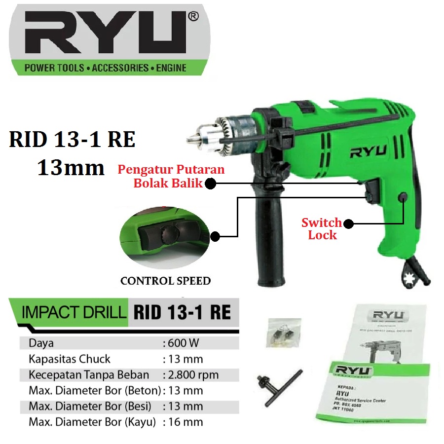 RYU RID 13-1 RE Mesin Bor Beton 13 mm Impact Drill Variable Speed Bolak Balik Mesin Bor Tembok Besi Tembok 13mm MURAH ORIGINAL BERGARANSI