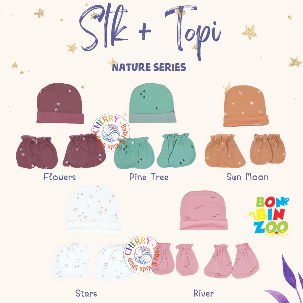 Set STK Topi Dan Bandana Nature Series Bonbinzoo Sarung Tangan Kaki Topi Kuncung Bandana Newborn Baby Nature Series CBKS