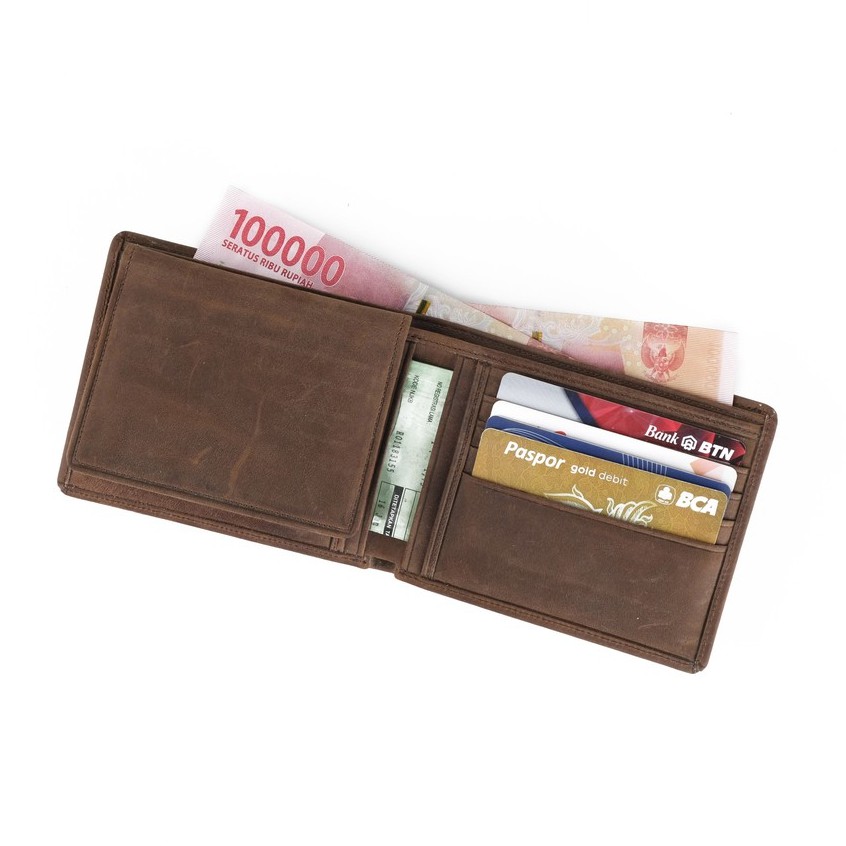 Dompet Kulit Pria Lipat Dua Muat 12 Slot Kartu Warna Coklat Dompet Kulit Asli