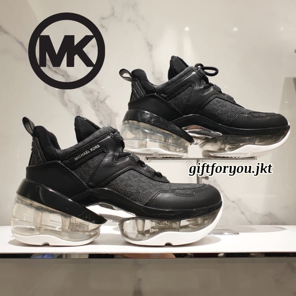 Michael Kors Sepatu Wanita Olympia Extreme Logo and Leather Trainer Black Original Woman Sporty Shoe