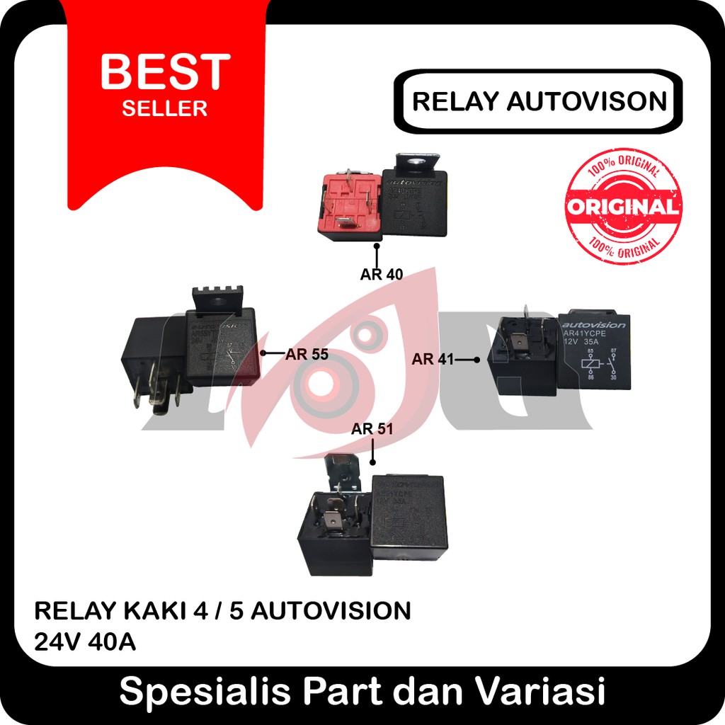 Autovision Relay 12V 24V 40a Kaki 4 / 5 Lampu Klakson Alarm Universal